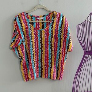 Trina Turk Silk Multi-Color Zigzag Top - Turquoise Pink Yellow Brown